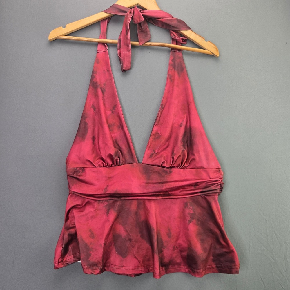SHEIN Halter Top Tie Dye Deep V Neck Peplum Size L Red Black Festival Y2K